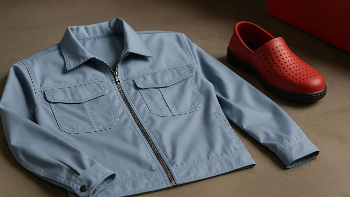 Detail close-up seragam kerja pabrik berwarna biru dengan sepatu ergonomis merah, menonjolkan konsep ergonomi seragam kerja pabrik yang memperhatikan ventilasi dan mobilitas untuk kenyamanan shift panjang.