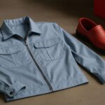 Detail close-up seragam kerja pabrik berwarna biru dengan sepatu ergonomis merah, menonjolkan konsep ergonomi seragam kerja pabrik yang memperhatikan ventilasi dan mobilitas untuk kenyamanan shift panjang.