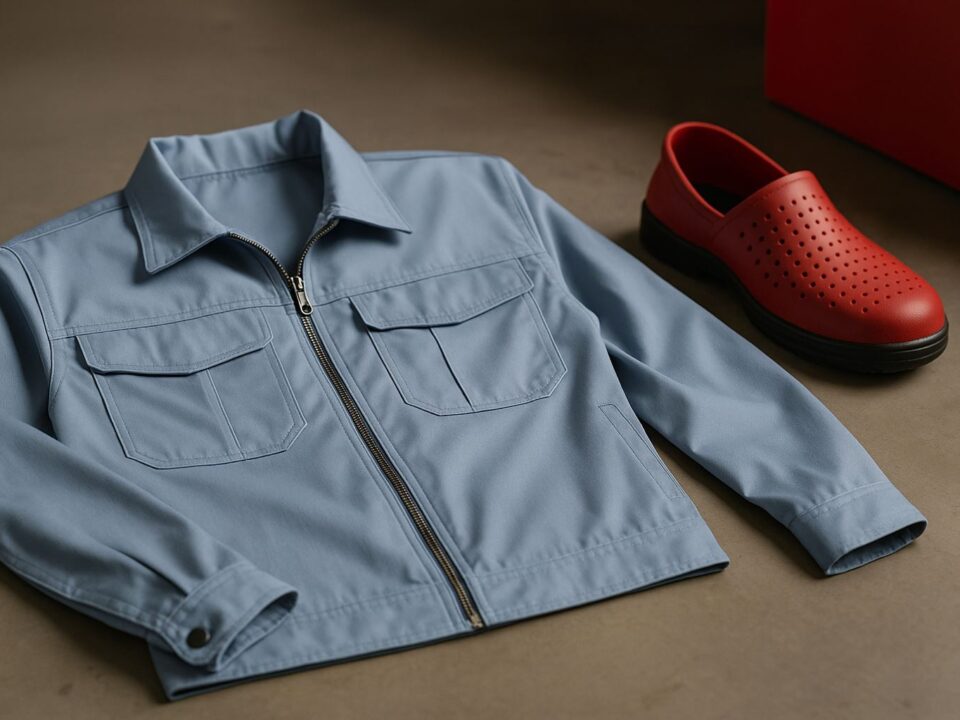 Detail close-up seragam kerja pabrik berwarna biru dengan sepatu ergonomis merah, menonjolkan konsep ergonomi seragam kerja pabrik yang memperhatikan ventilasi dan mobilitas untuk kenyamanan shift panjang.