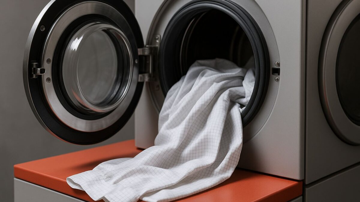 Mesin laundry industri sedang mencuci seragam ESD konduktif berwarna putih, menampilkan detail bahan antistatik dengan aksen merah yang lembut, menggambarkan pentingnya proses laundry seragam ESD konduktif.