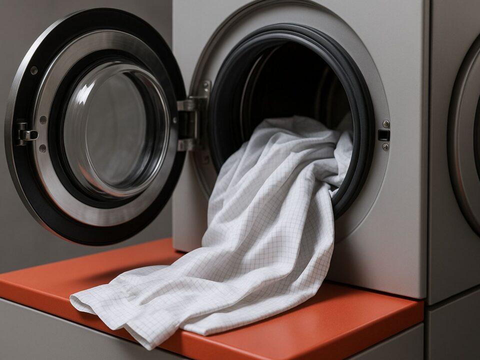 Mesin laundry industri sedang mencuci seragam ESD konduktif berwarna putih, menampilkan detail bahan antistatik dengan aksen merah yang lembut, menggambarkan pentingnya proses laundry seragam ESD konduktif.