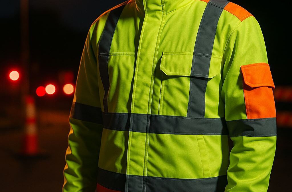Jaket kerja high visibility dengan aksen reflektif di area konstruksi malam hari, menonjolkan konsep pakaian kerja high visibility dalam kondisi pencahayaan rendah.