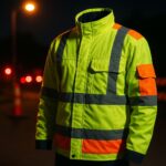 Jaket kerja high visibility dengan aksen reflektif di area konstruksi malam hari, menonjolkan konsep pakaian kerja high visibility dalam kondisi pencahayaan rendah.