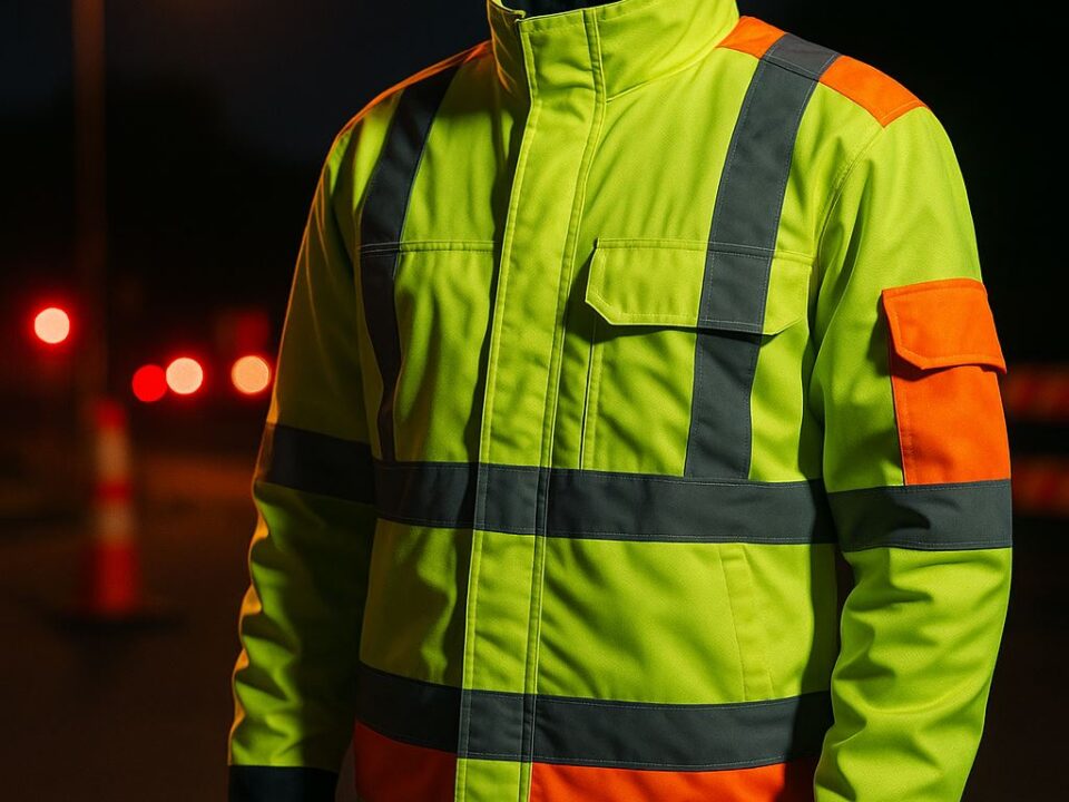 Jaket kerja high visibility dengan aksen reflektif di area konstruksi malam hari, menonjolkan konsep pakaian kerja high visibility dalam kondisi pencahayaan rendah.