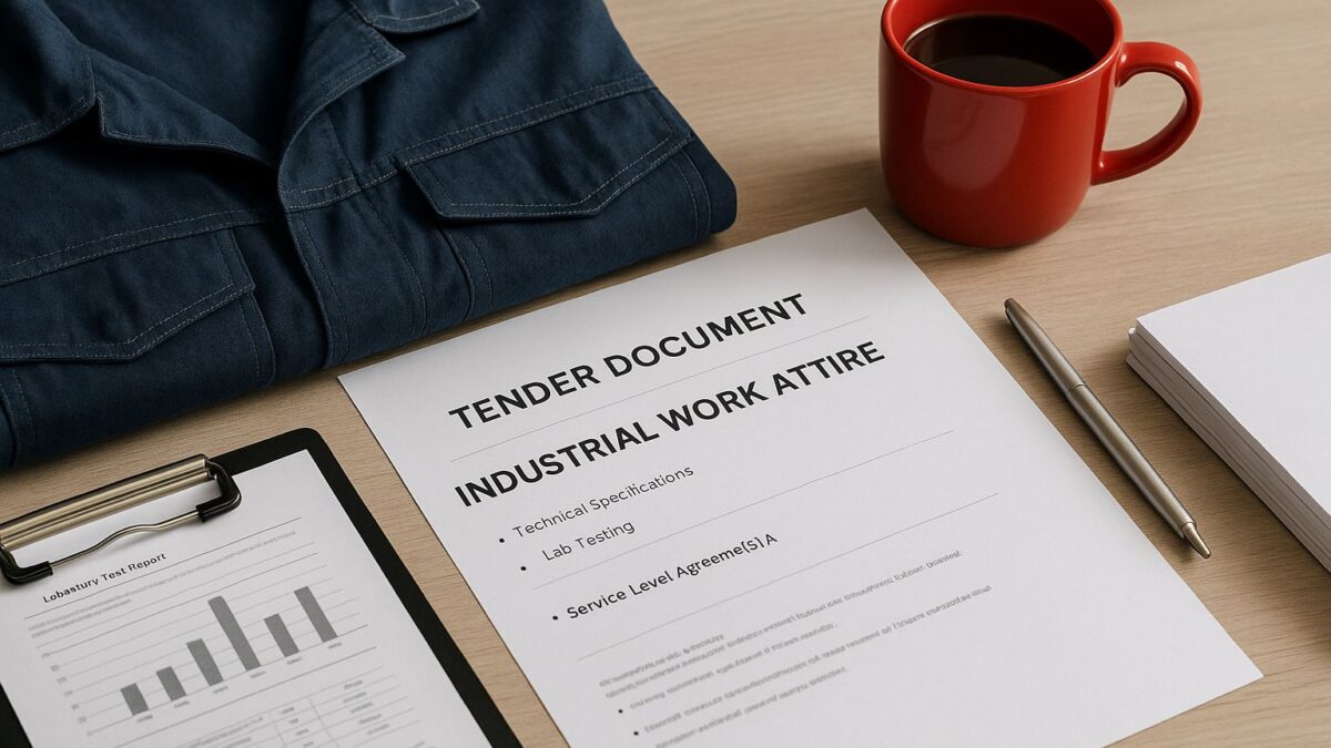 Meja kerja profesional dengan dokumen tender seragam industri, hasil uji lab, dan sampel kain teknis, menggambarkan proses pemilihan dan evaluasi spesifikasi teknis seragam industri.