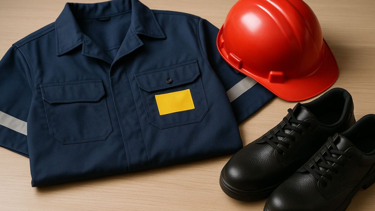 Seragam kerja perusahaan lengkap dengan sepatu keselamatan dan helm merah tersusun rapi di meja kayu, menggambarkan kebijakan pakaian kerja perusahaan yang menyeimbangkan tren sosial dan disiplin K3.