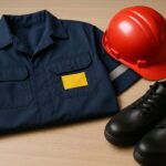 Seragam kerja perusahaan lengkap dengan sepatu keselamatan dan helm merah tersusun rapi di meja kayu, menggambarkan kebijakan pakaian kerja perusahaan yang menyeimbangkan tren sosial dan disiplin K3.