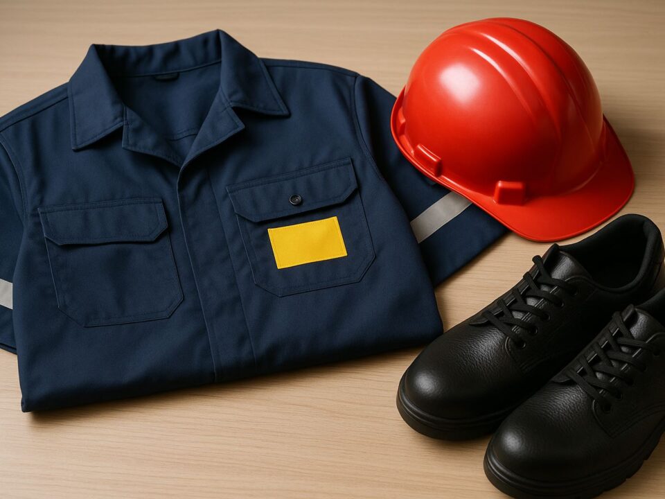 Seragam kerja perusahaan lengkap dengan sepatu keselamatan dan helm merah tersusun rapi di meja kayu, menggambarkan kebijakan pakaian kerja perusahaan yang menyeimbangkan tren sosial dan disiplin K3.