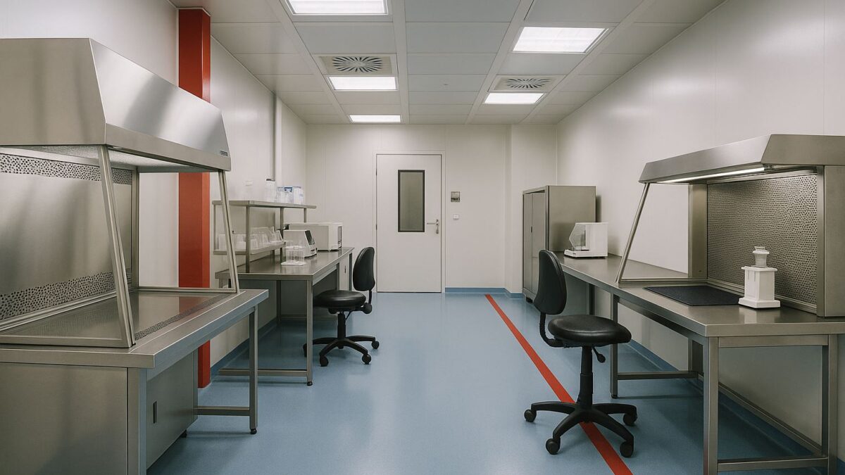 Interior cleanroom modern untuk industri farmasi dan semikonduktor di Karawang, menampilkan area kerja ESD dengan aksen merah dan pencahayaan lembut yang higienis.