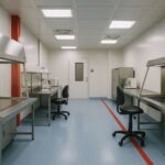Interior cleanroom modern untuk industri farmasi dan semikonduktor di Karawang, menampilkan area kerja ESD dengan aksen merah dan pencahayaan lembut yang higienis.