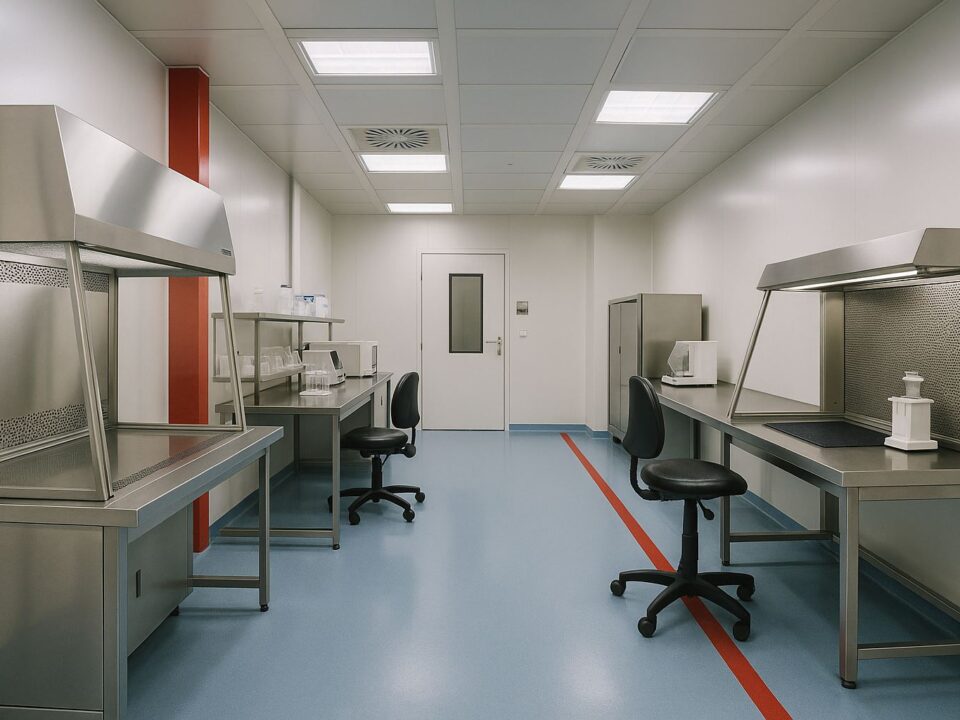 Interior cleanroom modern untuk industri farmasi dan semikonduktor di Karawang, menampilkan area kerja ESD dengan aksen merah dan pencahayaan lembut yang higienis.