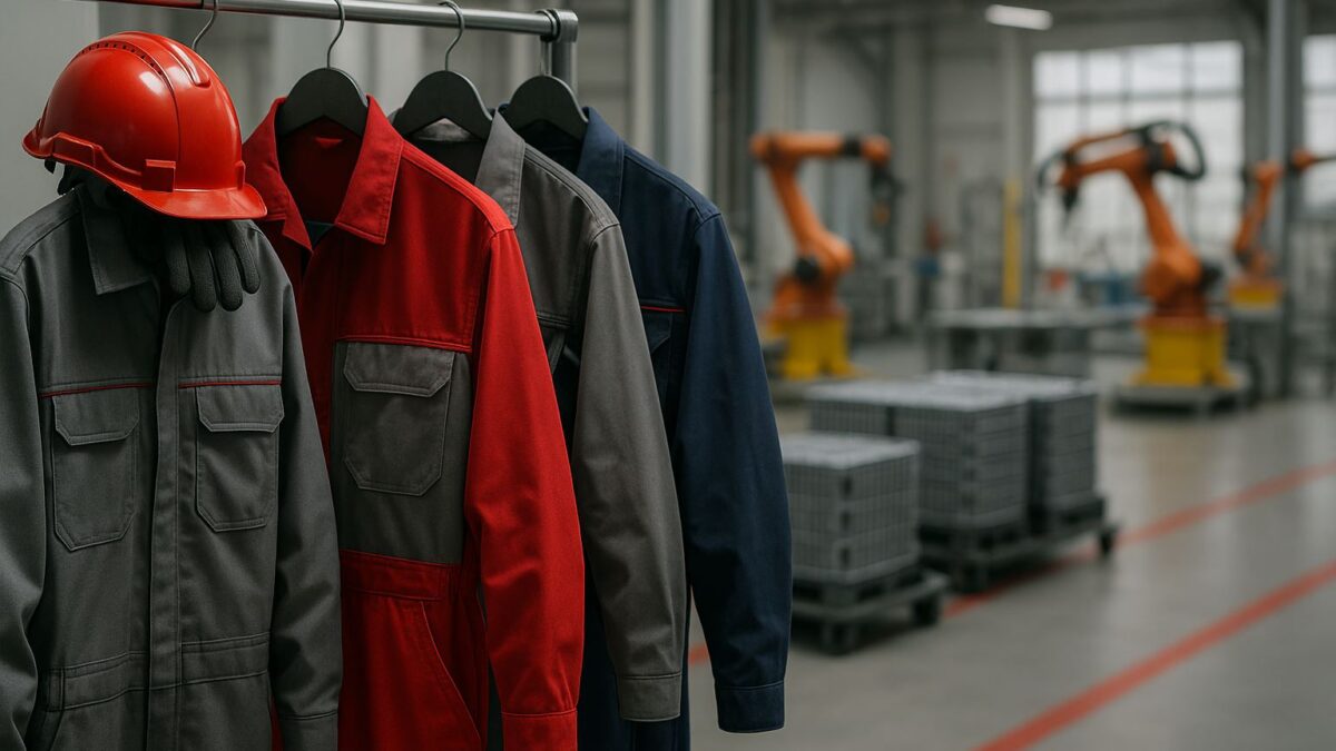 Riset seragam kerja Karawang untuk ekosistem baterai EV. Rak wearpack teknis ESD dan helm merah di pabrik baterai otomatis. Pencahayaan lembut, detail bahan tahan api tanpa kehadiran manusia.