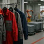 Riset seragam kerja Karawang untuk ekosistem baterai EV. Rak wearpack teknis ESD dan helm merah di pabrik baterai otomatis. Pencahayaan lembut, detail bahan tahan api tanpa kehadiran manusia.