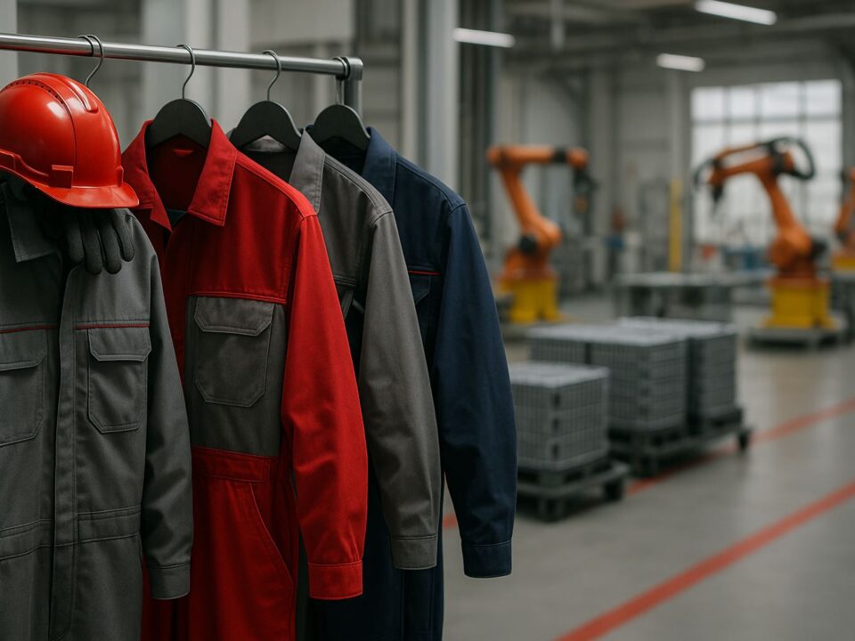 Riset seragam kerja Karawang untuk ekosistem baterai EV. Rak wearpack teknis ESD dan helm merah di pabrik baterai otomatis. Pencahayaan lembut, detail bahan tahan api tanpa kehadiran manusia.