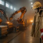 Pakaian pelindung FR Indonesia di pabrik baterai Karawang dengan aksen merah, robot industri, dan pencahayaan lembut.