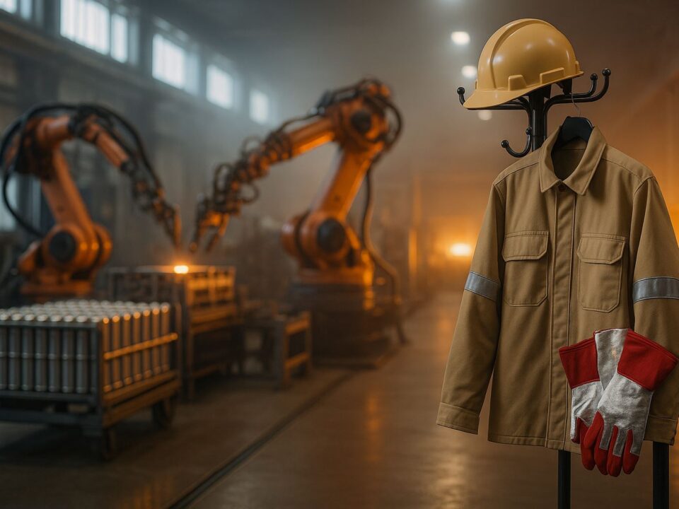 Pakaian pelindung FR Indonesia di pabrik baterai Karawang dengan aksen merah, robot industri, dan pencahayaan lembut.