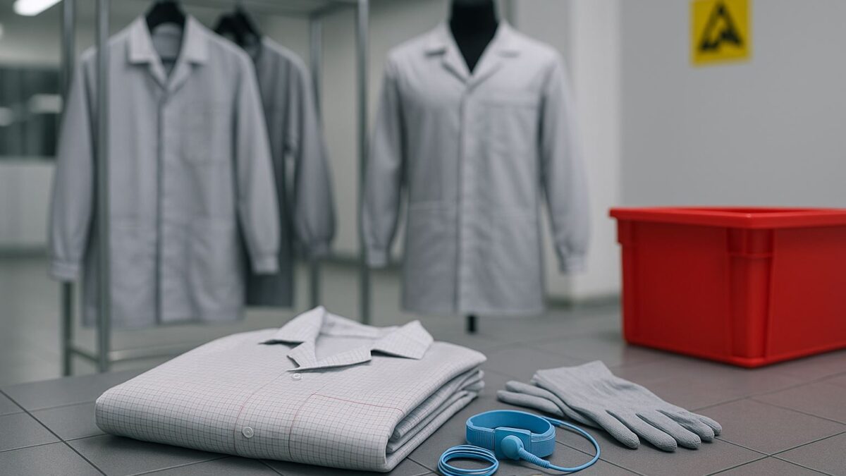 Standar ESD tekstil elektronik untuk fasilitas produksi Karawang: jaket lab ESD, sarung tangan, wrist strap, lantai konduktif, dan bin merah dalam setup cleanroom ultra-realistic.