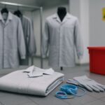 Standar ESD tekstil elektronik untuk fasilitas produksi Karawang: jaket lab ESD, sarung tangan, wrist strap, lantai konduktif, dan bin merah dalam setup cleanroom ultra-realistic.
