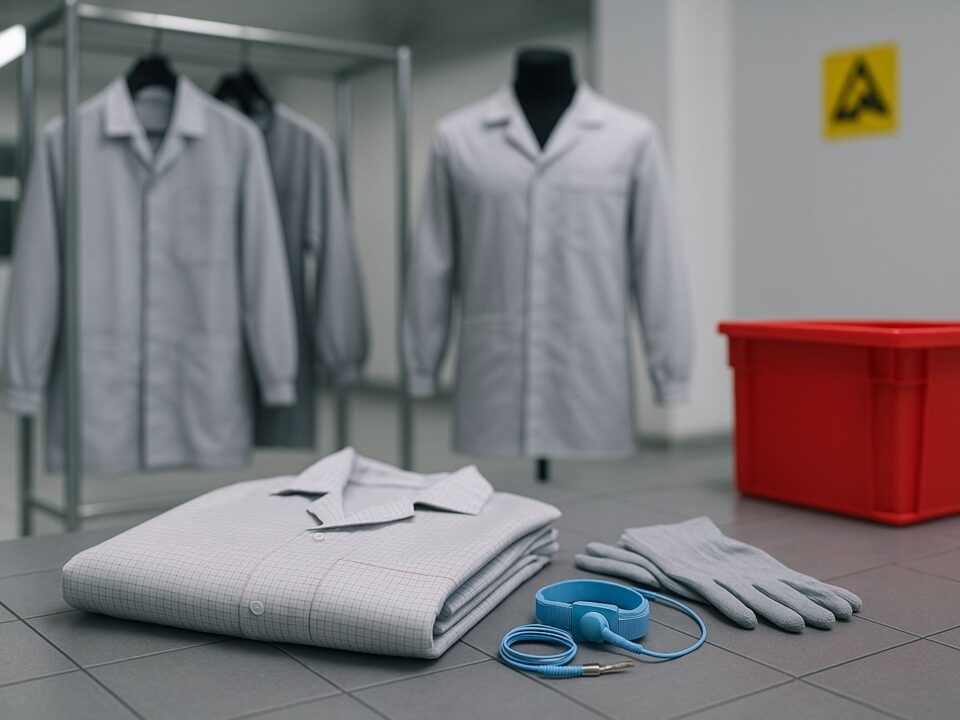 Standar ESD tekstil elektronik untuk fasilitas produksi Karawang: jaket lab ESD, sarung tangan, wrist strap, lantai konduktif, dan bin merah dalam setup cleanroom ultra-realistic.