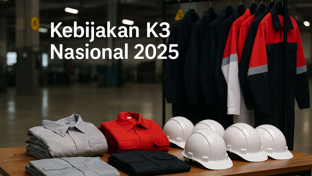 Ilustrasi kebijakan K3 Nasional 2025 pada pengadaan pakaian kerja sektor manufaktur Jawa Barat, komposisi PPE merah-hitam-putih tanpa manusia.