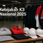 Ilustrasi kebijakan K3 Nasional 2025 pada pengadaan pakaian kerja sektor manufaktur Jawa Barat, komposisi PPE merah-hitam-putih tanpa manusia.