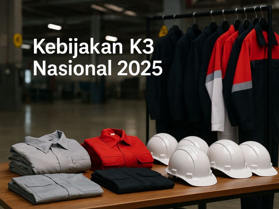 Ilustrasi kebijakan K3 Nasional 2025 pada pengadaan pakaian kerja sektor manufaktur Jawa Barat, komposisi PPE merah-hitam-putih tanpa manusia.