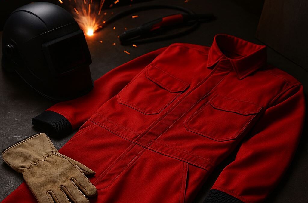 Panduan uji pakaian FR untuk welding—ilustrasi ultra-realistis perlengkapan kerja tahan panas sesuai protokol ISO 11612
