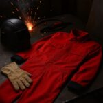 Panduan uji pakaian FR untuk welding—ilustrasi ultra-realistis perlengkapan kerja tahan panas sesuai protokol ISO 11612