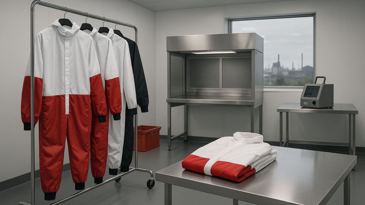 Cleanroom garment farmasi Karawang untuk industri farmasi dan semikonduktor, coverall ESD putih-merah-hitam di ruang steril berperalatan.