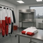 Cleanroom garment farmasi Karawang untuk industri farmasi dan semikonduktor, coverall ESD putih-merah-hitam di ruang steril berperalatan.