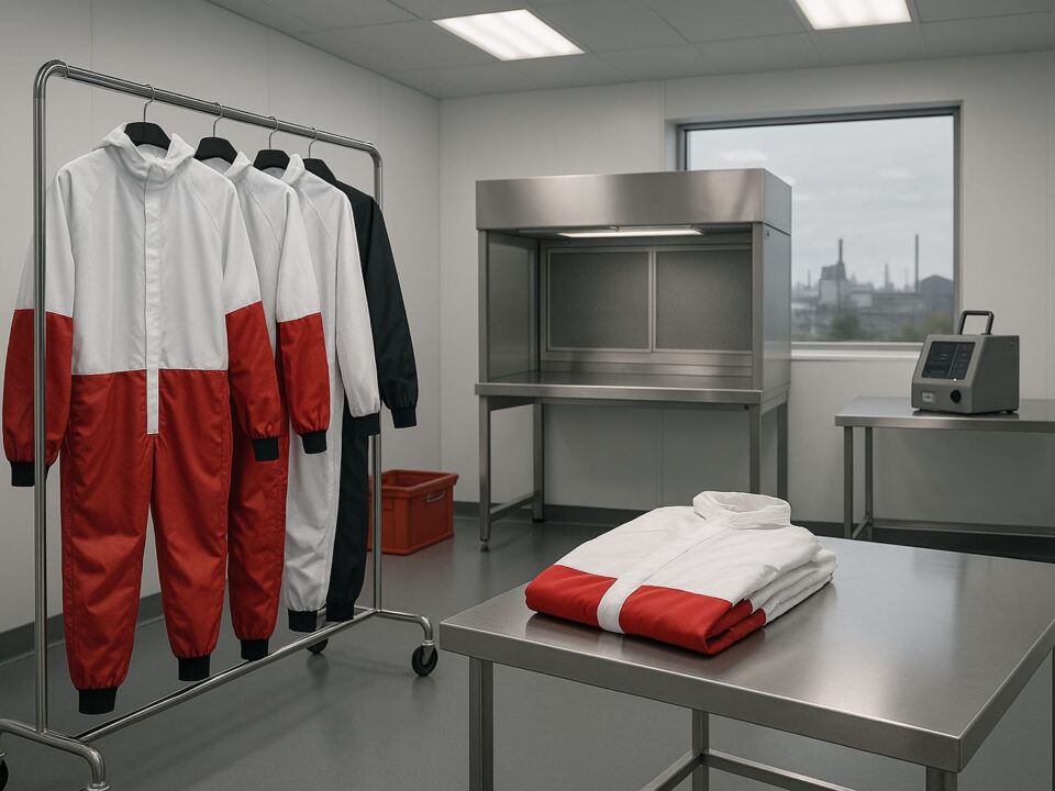 Cleanroom garment farmasi Karawang untuk industri farmasi dan semikonduktor, coverall ESD putih-merah-hitam di ruang steril berperalatan.