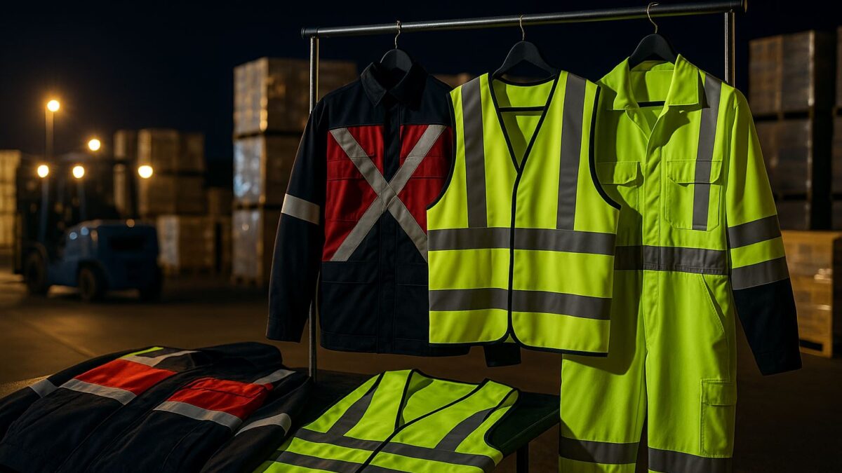 Seragam hi-vis logistik malam dengan konfigurasi strip reflektif X-back, H-pattern, dan gelang kaki di area gudang berlampu lembut