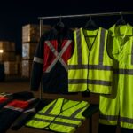 Seragam hi-vis logistik malam dengan konfigurasi strip reflektif X-back, H-pattern, dan gelang kaki di area gudang berlampu lembut