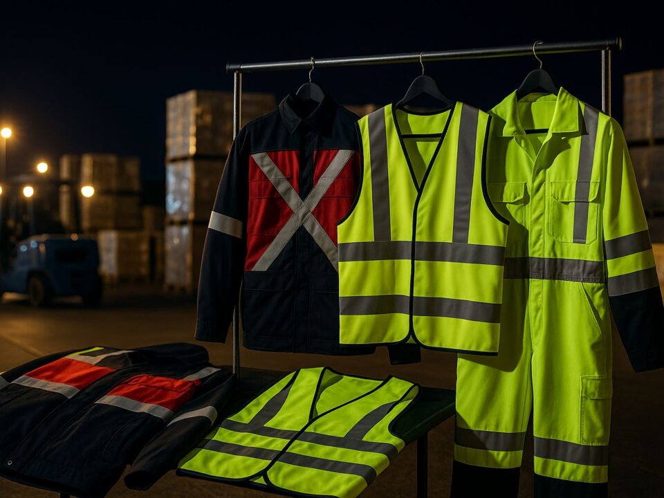 Seragam hi-vis logistik malam dengan konfigurasi strip reflektif X-back, H-pattern, dan gelang kaki di area gudang berlampu lembut