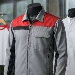 Ergonomi seragam pabrik lembap menonjolkan pola dan ventilasi untuk turunkan kelelahan pekerja, tampilan realistis tanpa manusia.