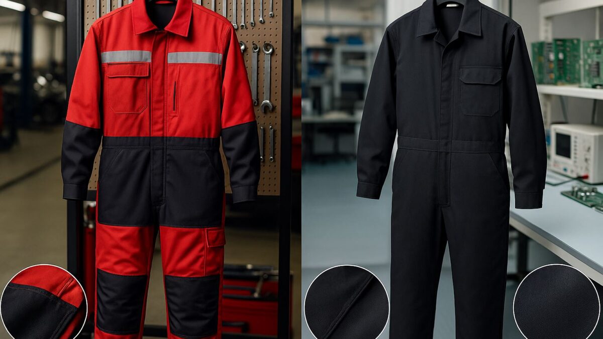 Konsep desain wearpack mekanik untuk bengkel dan elektro yang menonjolkan proteksi, mobilitas, dan ketahanan kain, ultra-realistic, soft lighting
