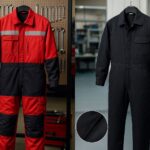 Konsep desain wearpack mekanik untuk bengkel dan elektro yang menonjolkan proteksi, mobilitas, dan ketahanan kain, ultra-realistic, soft lighting