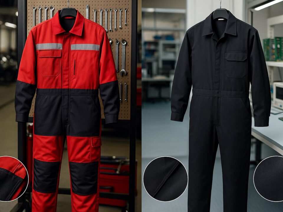 Konsep desain wearpack mekanik untuk bengkel dan elektro yang menonjolkan proteksi, mobilitas, dan ketahanan kain, ultra-realistic, soft lighting