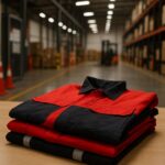 penguatan sop gudang kiic—ilustrasi gudang tanpa manusia dengan rak tinggi, stasiun ppe, dan wearpack merah-hitam-putih menegaskan standar keselamatan