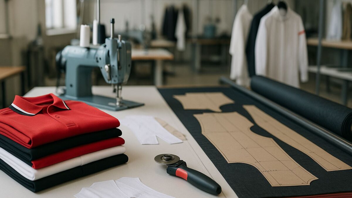 Strategi Bertahan dan Tumbuh di Industri Apparel—ilustrasi workshop konveksi modern dengan kain, pola potong, dan mesin jahit tanpa manusia