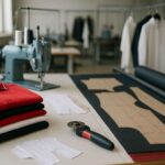 Strategi Bertahan dan Tumbuh di Industri Apparel—ilustrasi workshop konveksi modern dengan kain, pola potong, dan mesin jahit tanpa manusia