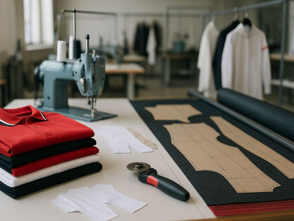 Strategi Bertahan dan Tumbuh di Industri Apparel—ilustrasi workshop konveksi modern dengan kain, pola potong, dan mesin jahit tanpa manusia