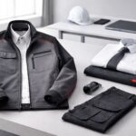 Seragam hybrid formal 2026 bernuansa hitam–merah: jaket kerja minimalis dipadukan kemeja rapi dan celana lapangan, siap untuk meeting klien maupun aktivitas di area kerja.