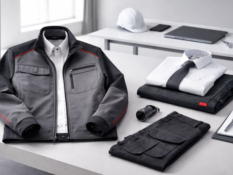 Seragam hybrid formal 2026 bernuansa hitam–merah: jaket kerja minimalis dipadukan kemeja rapi dan celana lapangan, siap untuk meeting klien maupun aktivitas di area kerja.