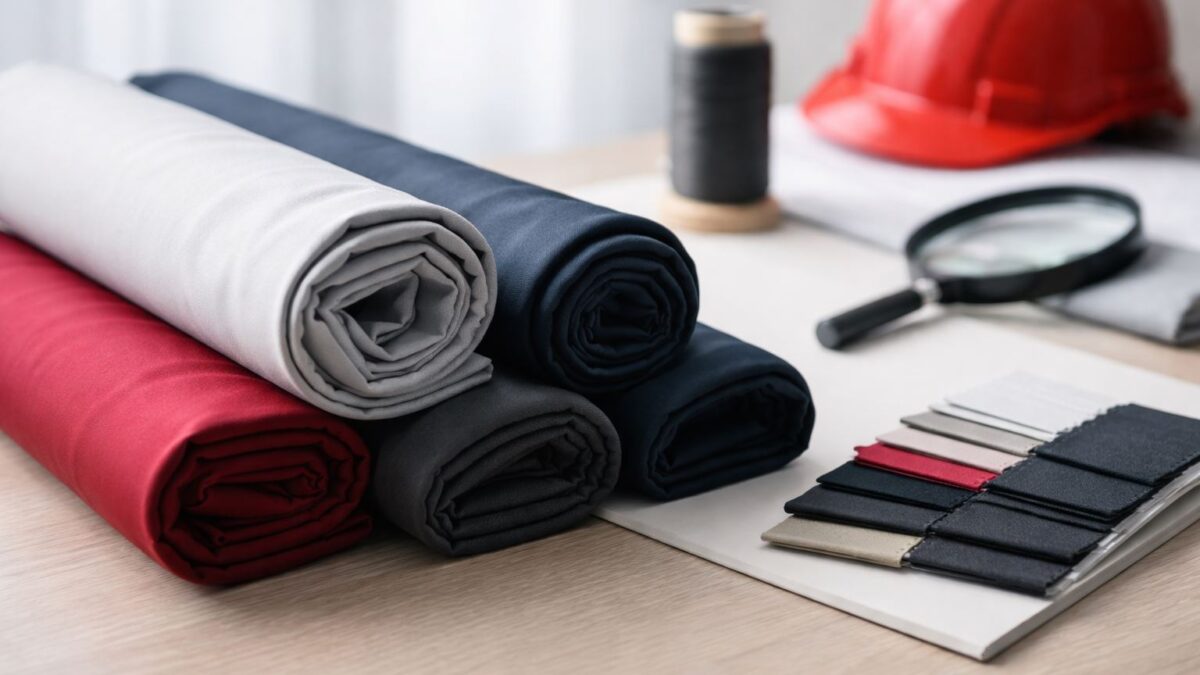 Bahan seragam kerja adem anti kusut dan tahan cuci—roll kain merah hitam abu-abu dengan sampel warna untuk pemakaian harian.