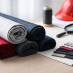 Bahan seragam kerja adem anti kusut dan tahan cuci—roll kain merah hitam abu-abu dengan sampel warna untuk pemakaian harian.