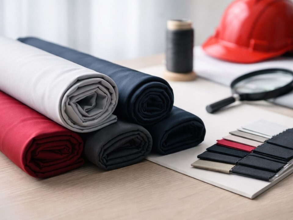 Bahan seragam kerja adem anti kusut dan tahan cuci—roll kain merah hitam abu-abu dengan sampel warna untuk pemakaian harian.