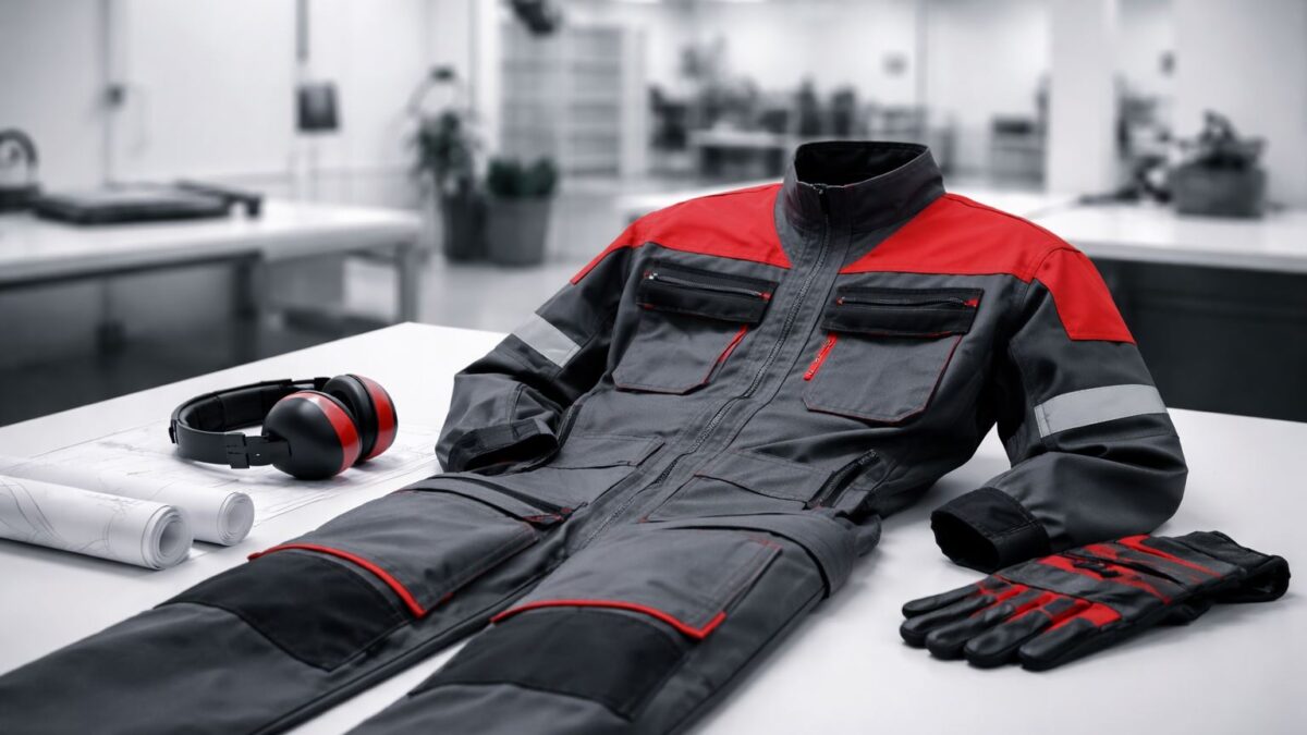 Wearpack industri nyaman aman desain ergonomis 2026 dengan aksen merah hitam, detail jahitan presisi dan material kerja tahan lama.