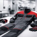 Wearpack industri nyaman aman desain ergonomis 2026 dengan aksen merah hitam, detail jahitan presisi dan material kerja tahan lama.