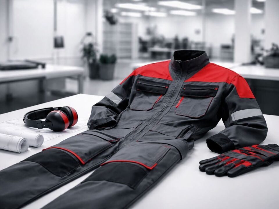 Wearpack industri nyaman aman desain ergonomis 2026 dengan aksen merah hitam, detail jahitan presisi dan material kerja tahan lama.